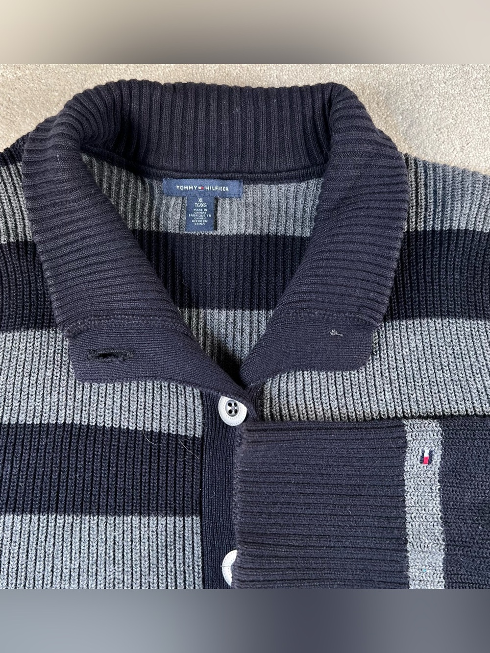 Tommy Hilfiger Sweater Cardigan Stripe Button Up Black Gray 100% Cotton Women XL